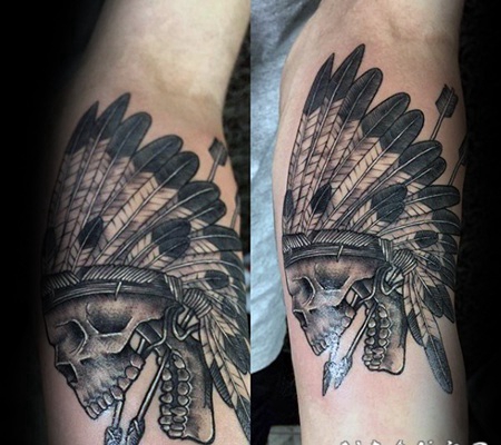 雕刻风格印度骷髅和箭头手臂纹身图案