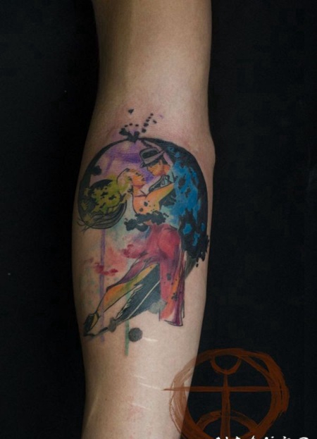 手臂水彩风格的梦幻情侣人像纹身图案