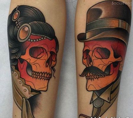 old school彩色的女子和男子骨骼手臂纹身图案