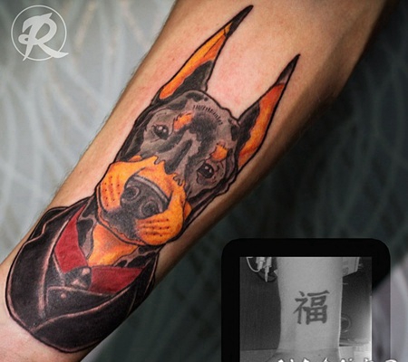 old school彩色可爱的西装狗手臂纹身图案