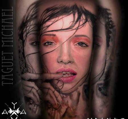 new school彩色诱人女人肖像手臂纹身图案