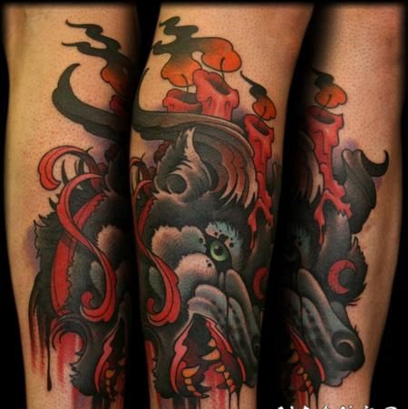 old school彩色血腥恶魔山羊手臂纹身图案