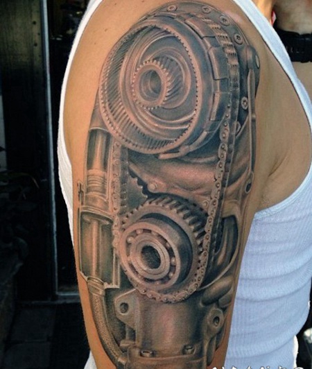 非常惊人的黑白机械手臂纹身图案