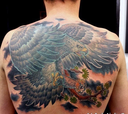 背部卡通风格彩色的鹰纹身图案