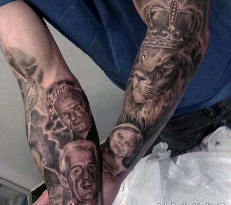 手臂写实家人肖像与国王狮子纹身图案