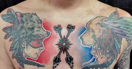 胸部五彩斑斓的部落女性纹身图案