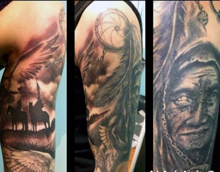 手臂描绘黑白美式印度捕梦网和人像纹身图案