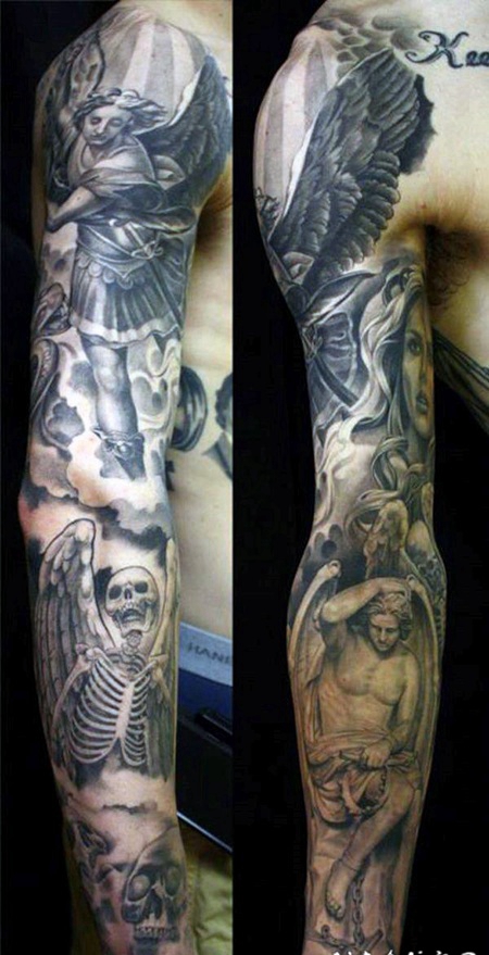 手臂黑白天使战士和天使骨架纹身图案
