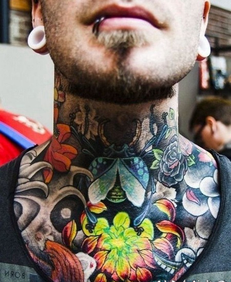 颈部靓丽的彩色菊花个性纹身图案