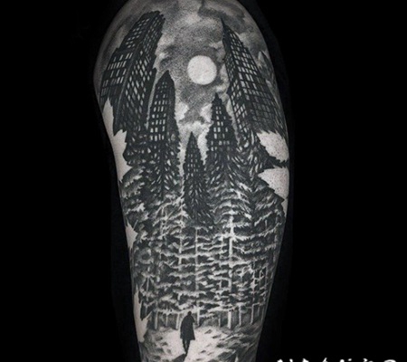 令人难以置信的黑白城市景观手臂纹身图案