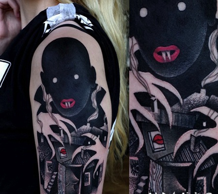 手臂神奇的神秘吸血鬼和老房子纹身图案