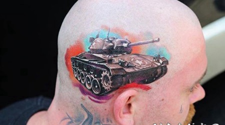头部写实风格惊人的彩色美国坦克纹身图案