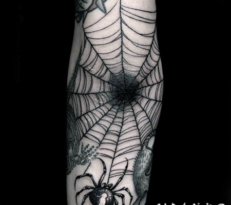 黑色惊人的蜘蛛与蜘蛛网小臂纹身图案