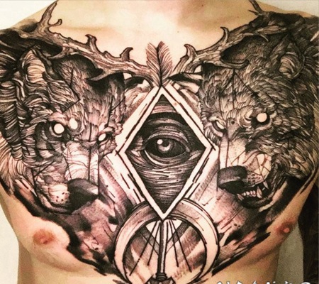 胸部惊人的黑色恶魔狼和眼睛几何纹身图案