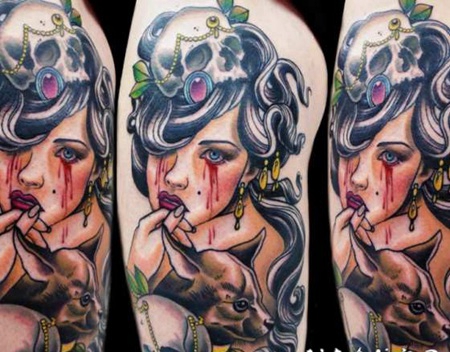 大腿血腥的女性与眼泪和骷髅纹身图案