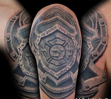 手臂神奇的符号石雕风格纹身图案