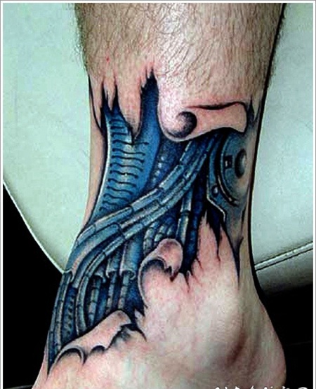 脚踝外星人风格卡通彩色机械纹身图案