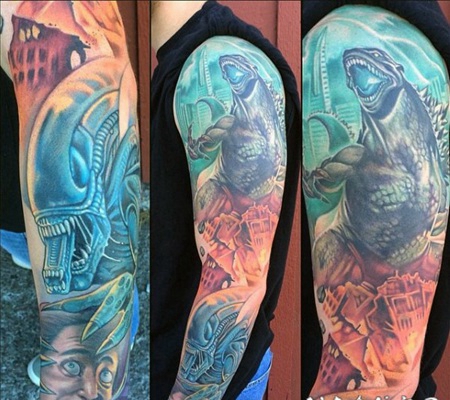 手臂巨大的五彩各种外星生物纹身图案