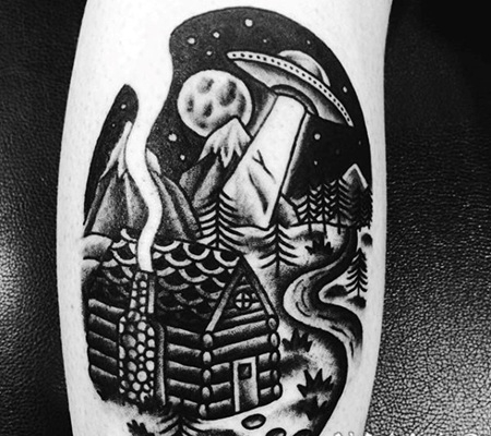 old school黑白房屋山脉和飞船小腿纹身图案