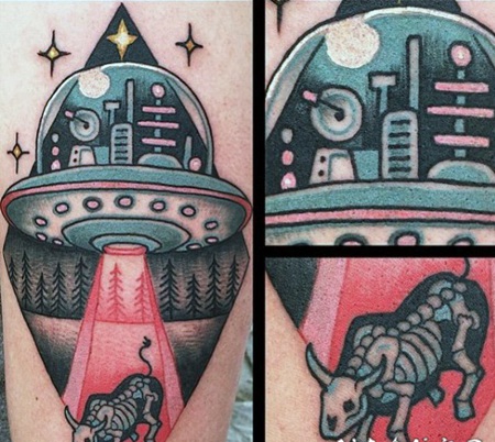 手臂有趣的卡通外星飞船和X射线纹身纹身图案