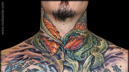 old school颈部外来植物彩色纹身图案