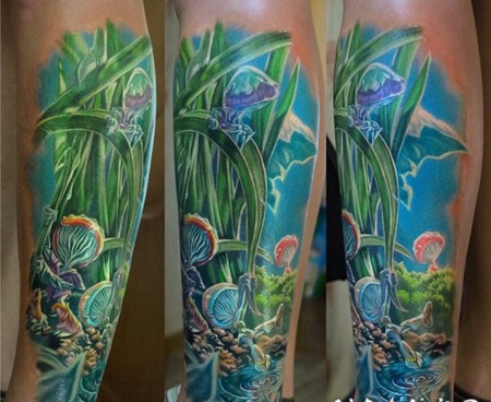 小腿彩色的超现实外星植物纹身图案