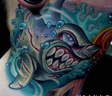 新传统彩色的邪恶异形鲨鱼纹身图案