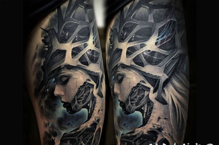 大腿幻想风格的彩色女生纹身图案