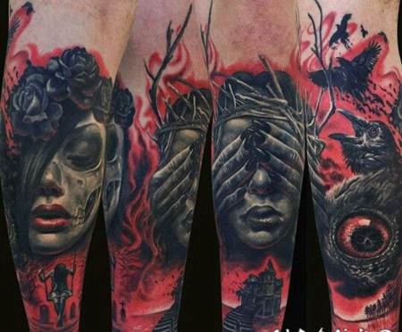 彩色恐怖风格令的神秘女人乌鸦和房子手臂纹身图案