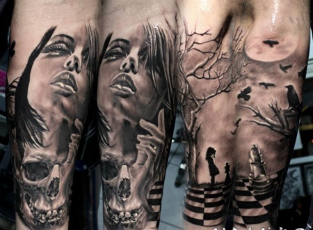手臂黑灰女子脸部与骷髅纹身图案