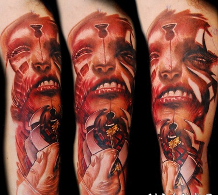 神秘恶心的恶魔肖像彩色手臂纹身图案