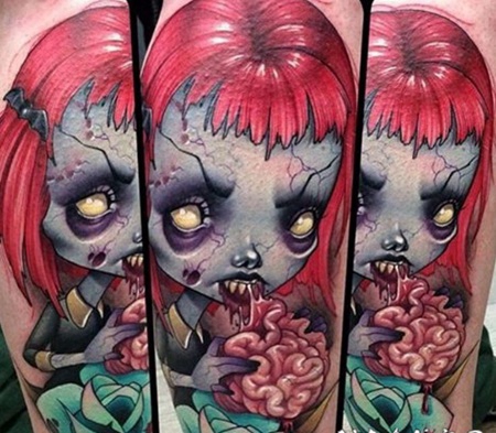 new school彩色的僵尸娃娃与玫瑰和大脑手臂纹身图案