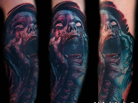 彩色恐怖风格的怪物肖像手臂纹身图案