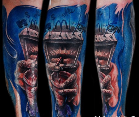 超现实主义风格的彩色人类五官手臂纹身图案