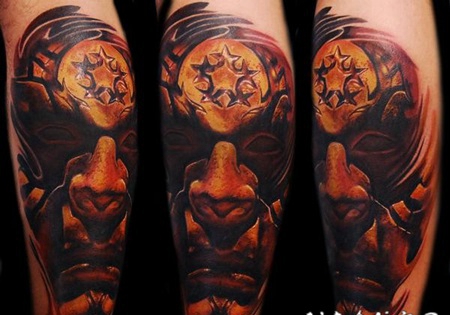 经典的插画风格恶魔和星形符号手臂纹身图案