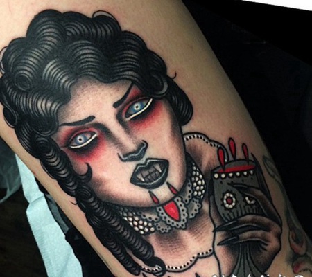 new school彩色血腥女吸血鬼手臂纹身图案