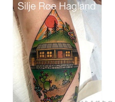 old school彩色房子与太阳手臂纹身图案