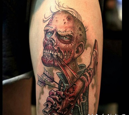 卡通彩色僵尸与人类的腿和箭头手臂纹身图案