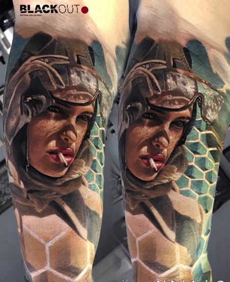 new school彩色吸烟女性和眼镜手臂纹身图案