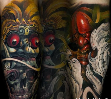 新日式彩色恶魔骷髅面具手臂纹身图案