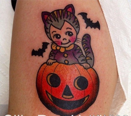 小清新卡通式小南瓜猫咪手臂纹身团