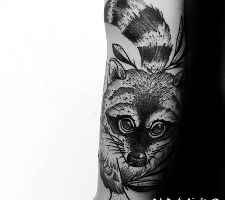 可爱的小浣熊点刺黑色手臂纹身图案