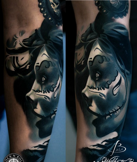 现代风格的神秘女人脸手臂纹身图案