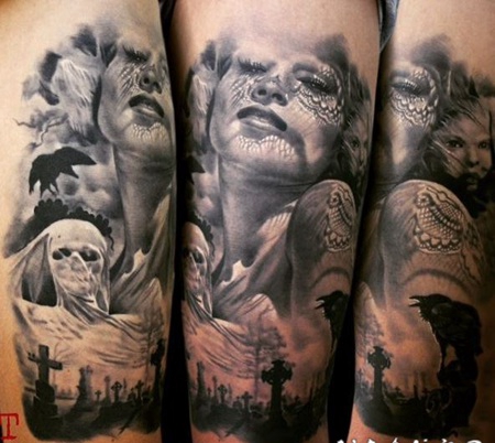 恐怖风格的女人面具和墓地怪物手臂纹身图案