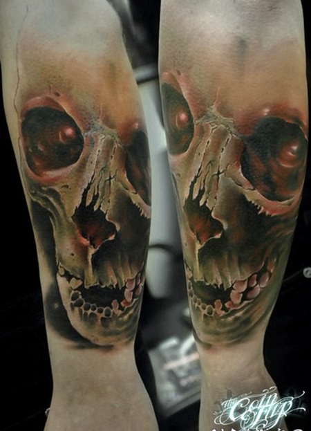 手臂新传统风格的彩色神秘骷髅纹身图案