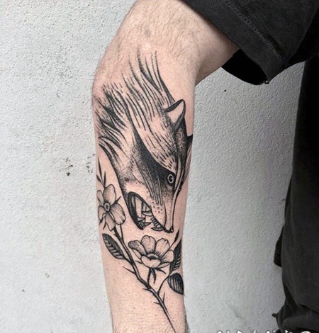 手臂雕刻风格黑色点刺邪恶浣熊纹身图案