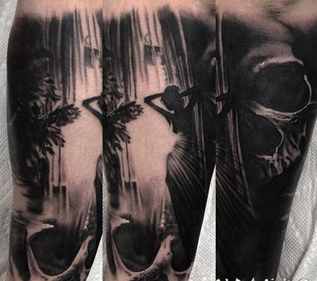 黑色骷髅与女人手臂纹身图案