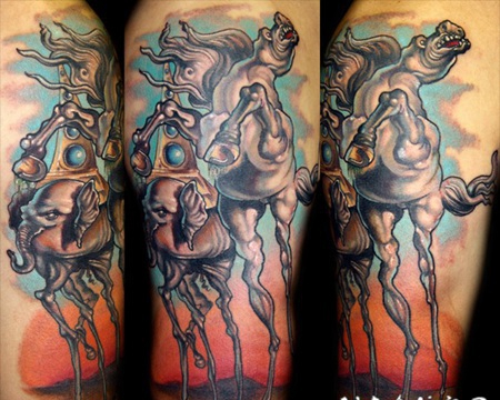 new school彩色马与大象手臂纹身图案