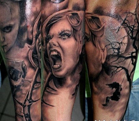 黑灰风格尖叫女人与树枝手臂纹身图案