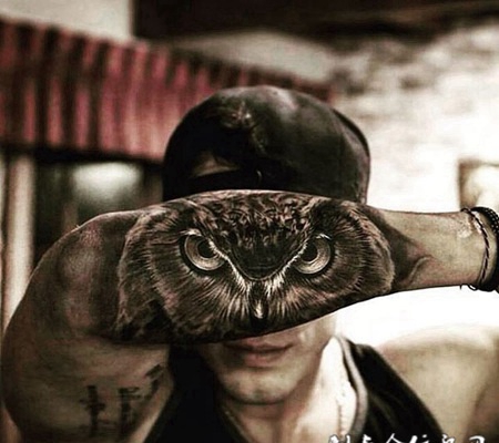 暗夜的守望者，手臂写实风猫头鹰纹身